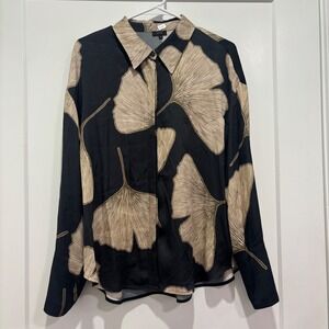 Solar Black Tan Ginkgo Leaf Print Viscose Button Down Shirt Size 38 Polish Brand